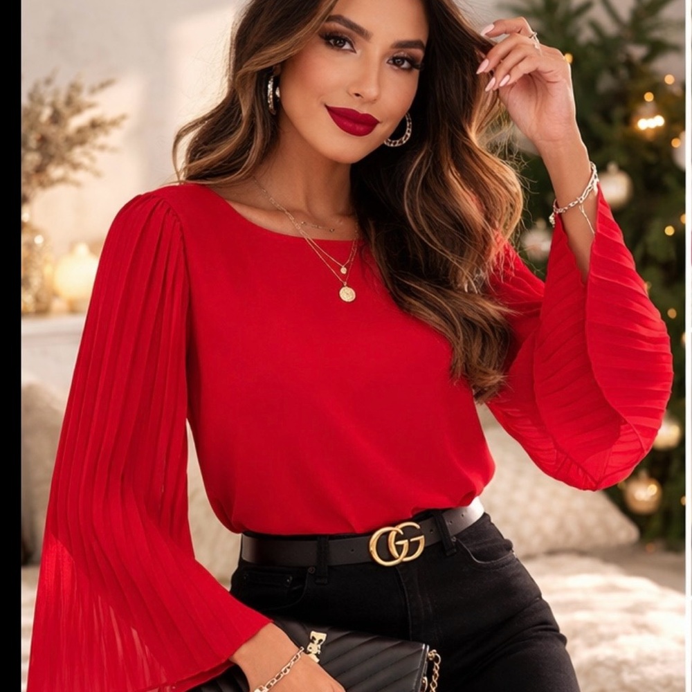 BCX Red Pleated Sleeve Blouse XL Chiffon Dressy Top